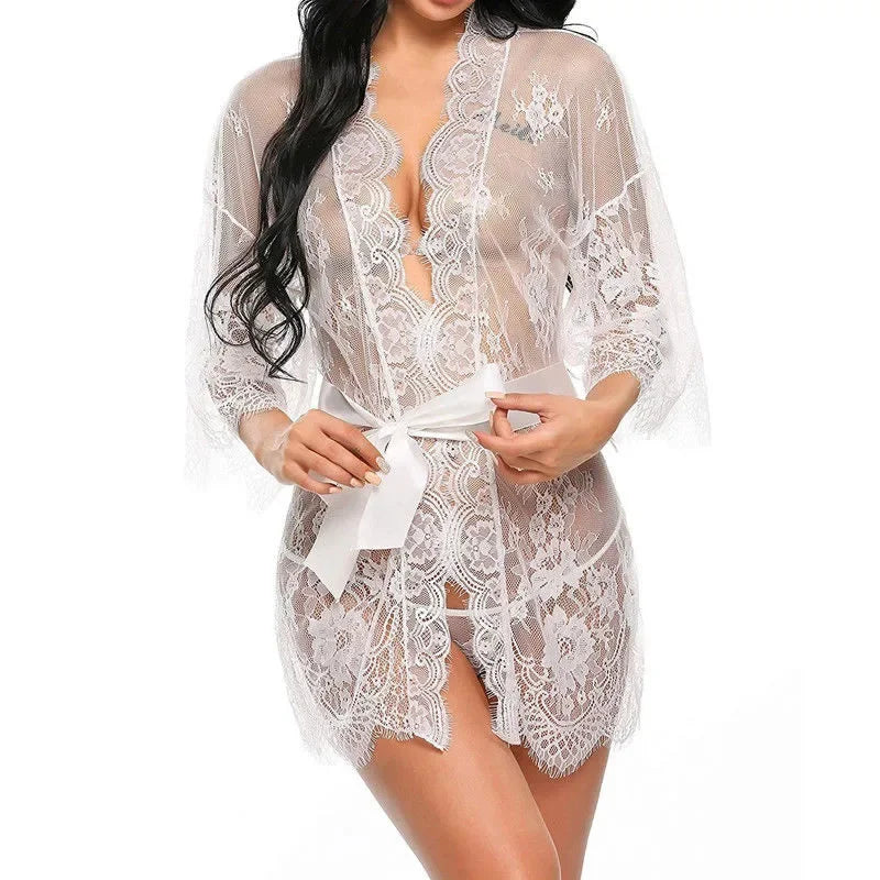 Sheer Lace Baby-doll Robe Set – V-Neck Lingerie & G-String