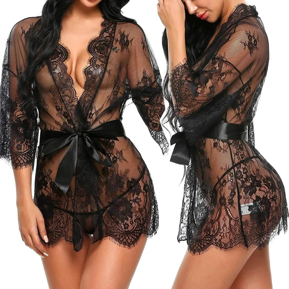 Sheer Lace Baby-doll Robe Set – V-Neck Lingerie & G-String
