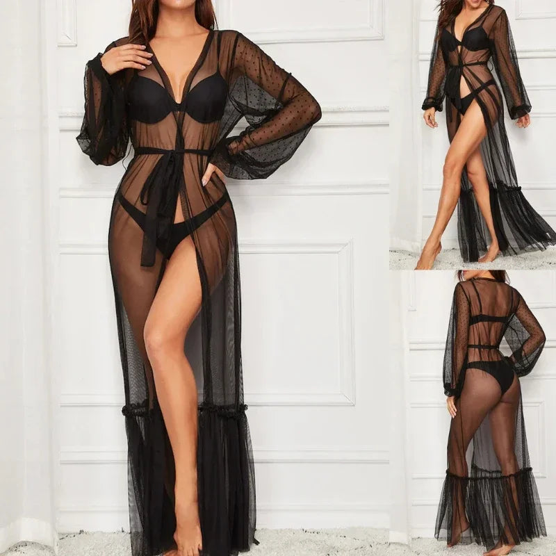 Sexy Black Lace Lingerie Long Robe & Nightgown