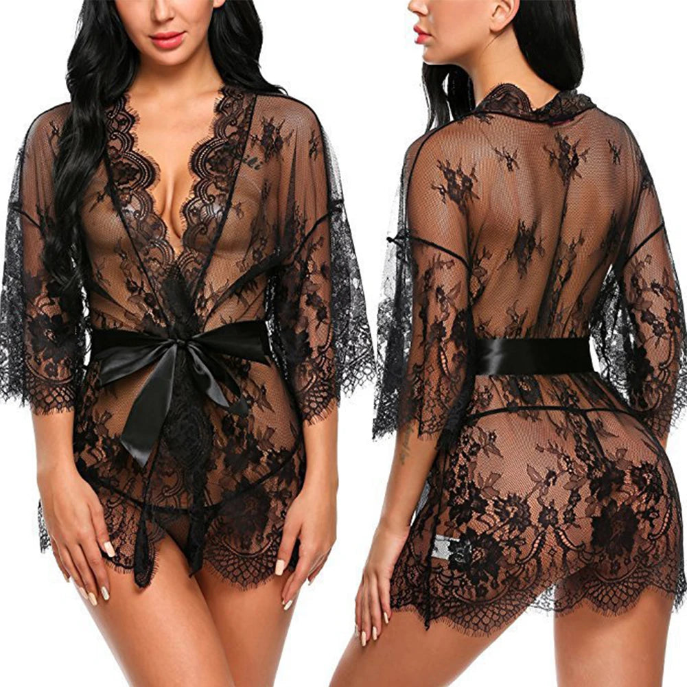 Sheer Lace Baby-doll Robe Set – V-Neck Lingerie & G-String