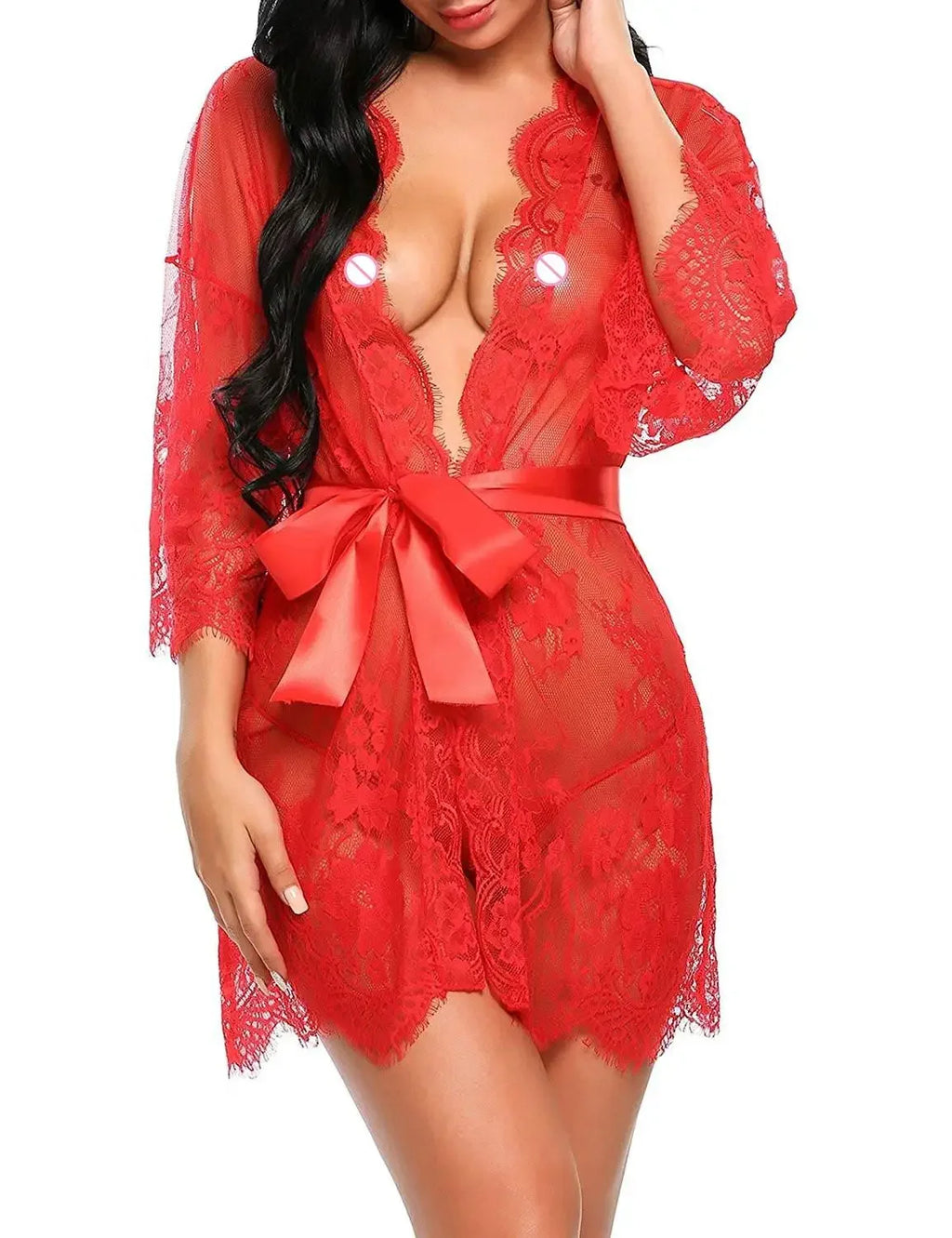 Sheer Lace Baby-doll Robe Set – V-Neck Lingerie & G-String
