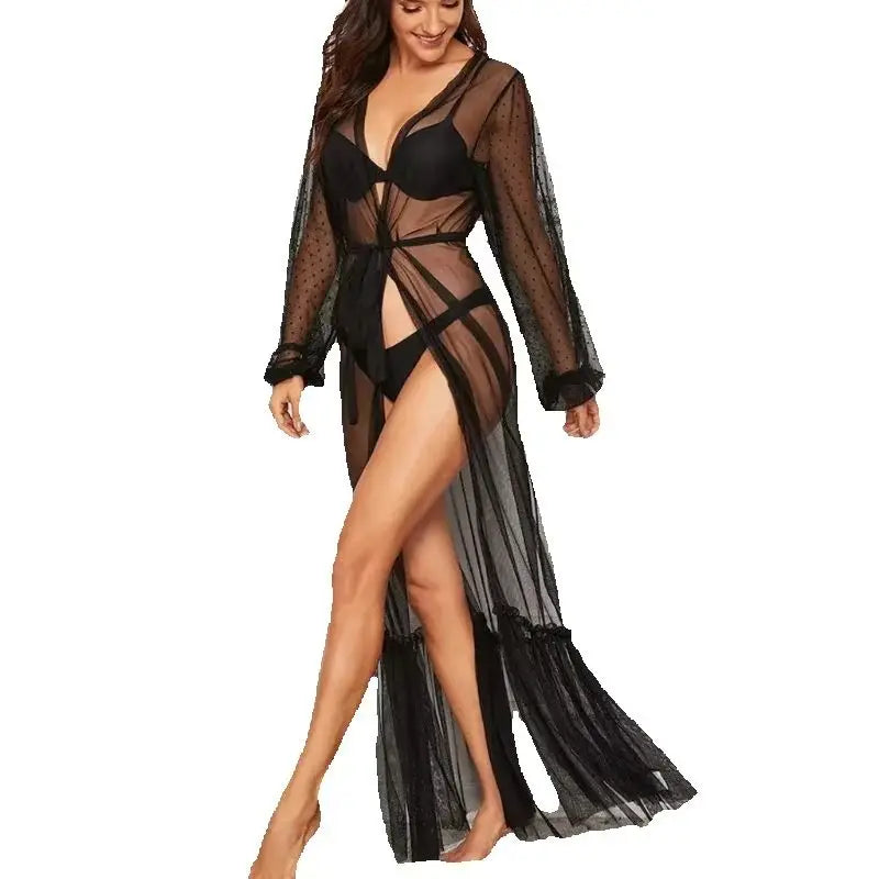 Sexy Black Lace Lingerie Long Robe & Nightgown