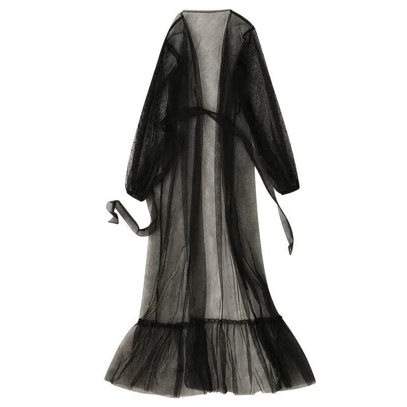 Sexy Black Lace Lingerie Long Robe & Nightgown