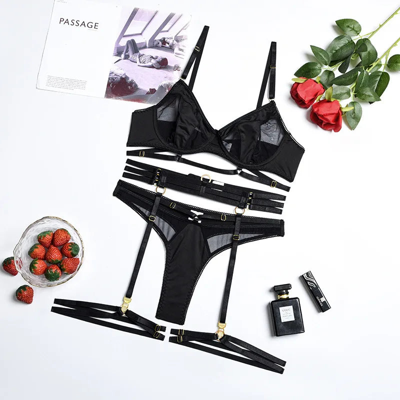 Women’s 4-Piece Mesh Lingerie Set with Garter Belt &amp; Thigh Cuffs