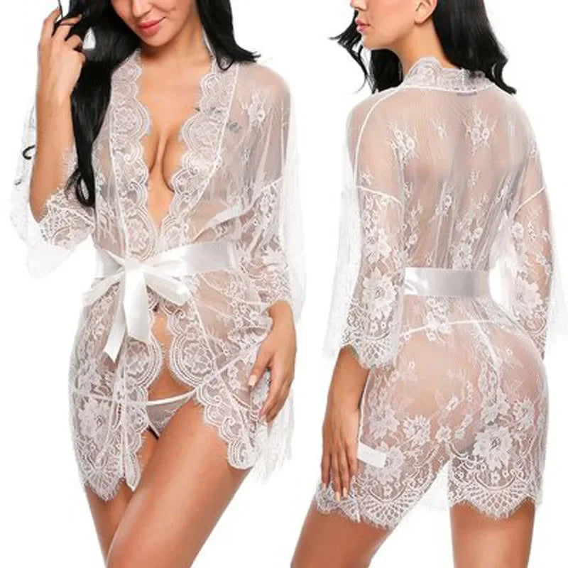 Sheer Lace Baby-doll Robe Set – V-Neck Lingerie & G-String
