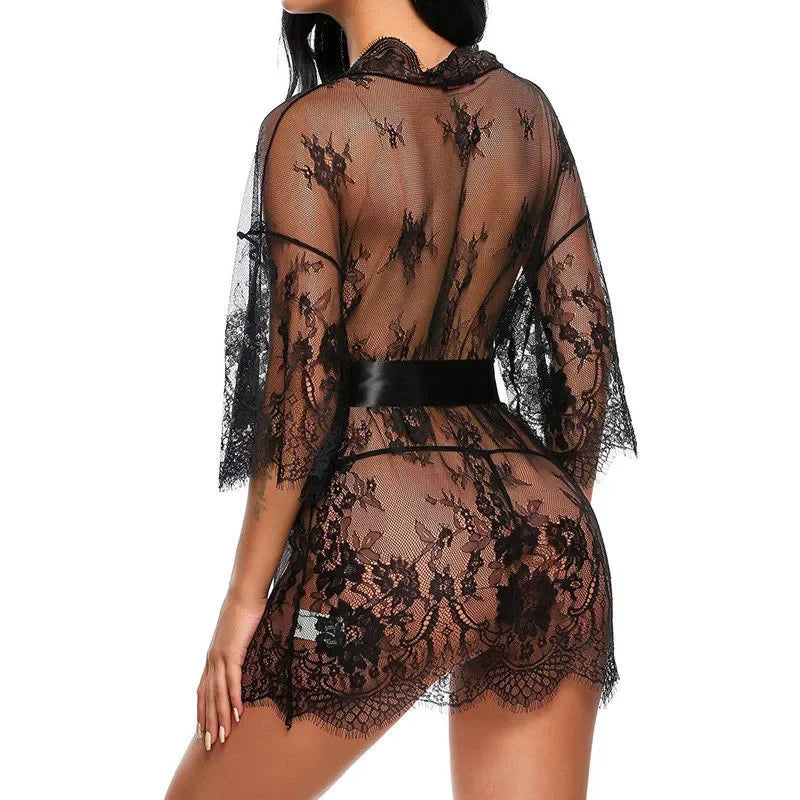 Sheer Lace Baby-doll Robe Set – V-Neck Lingerie & G-String