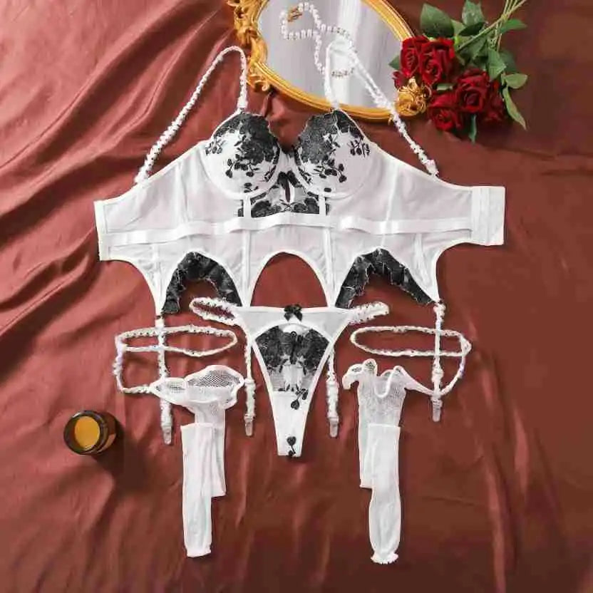 Women’s Lace Corset Lingerie Set with Garter Belt & Sheer Stockings – 3-Piece Set